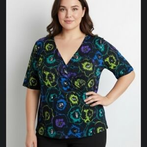 Chaus Black Floral Blouse with Purple and Green size 2X